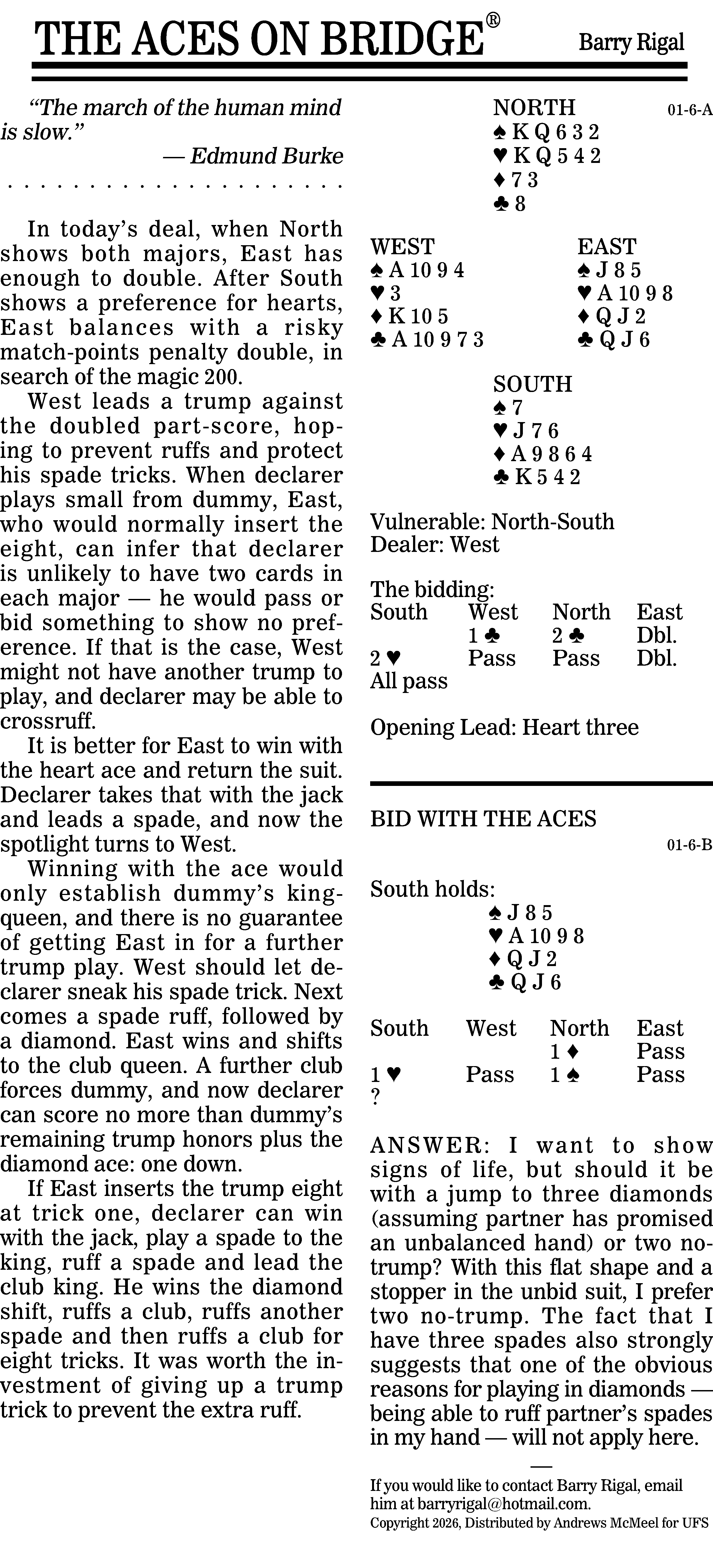 Bridge game analysis featuring a hand with North, South, East, and West card distributions. The image includes detailed bidding information, strategies for play, and a focus on the importance of card inference and tactical decisions during the game.