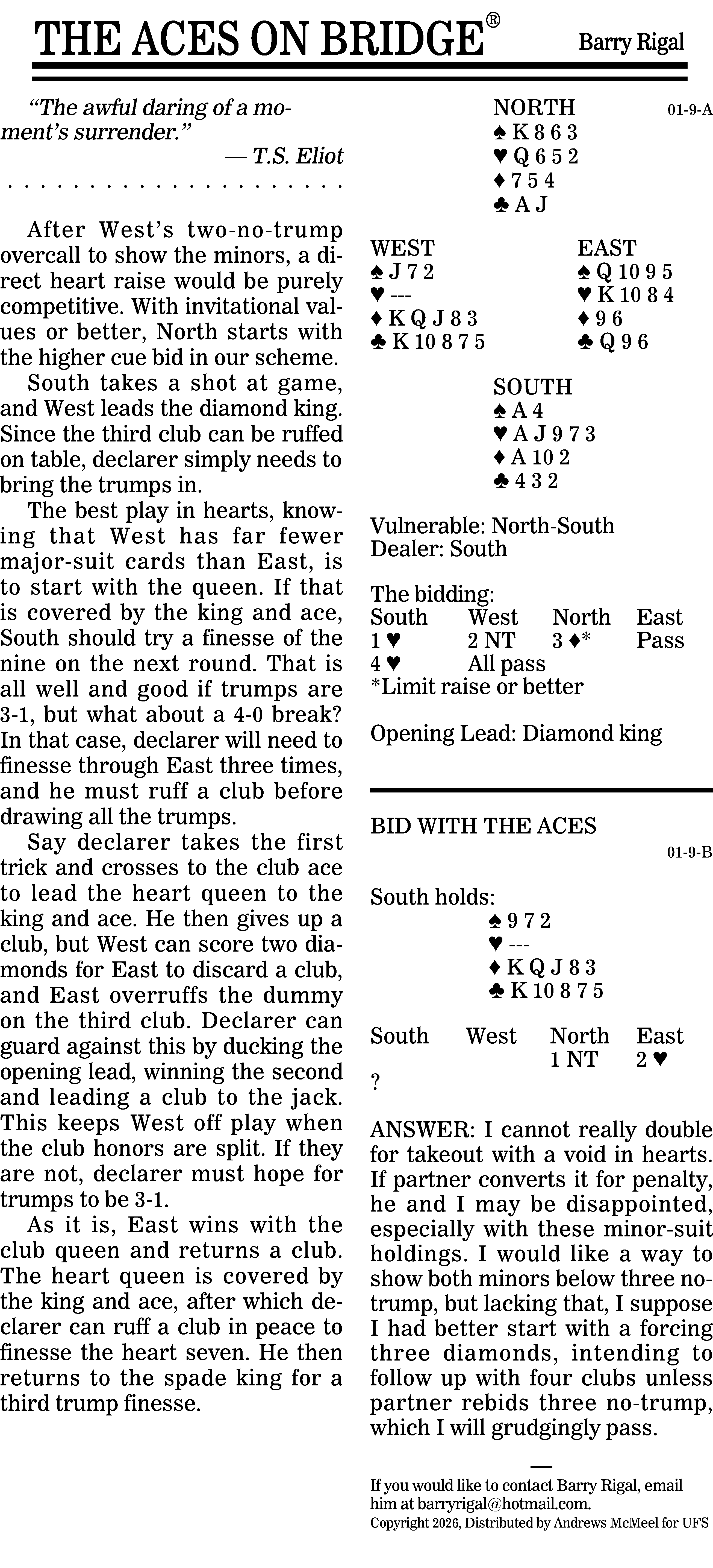 Alt text: Diagram of a bridge hand showcasing the bidding and play strategy for a game involving North-South and East-West partnerships, with detailed card distributions and suggested plays for South after West's two-no-trump overcall.
