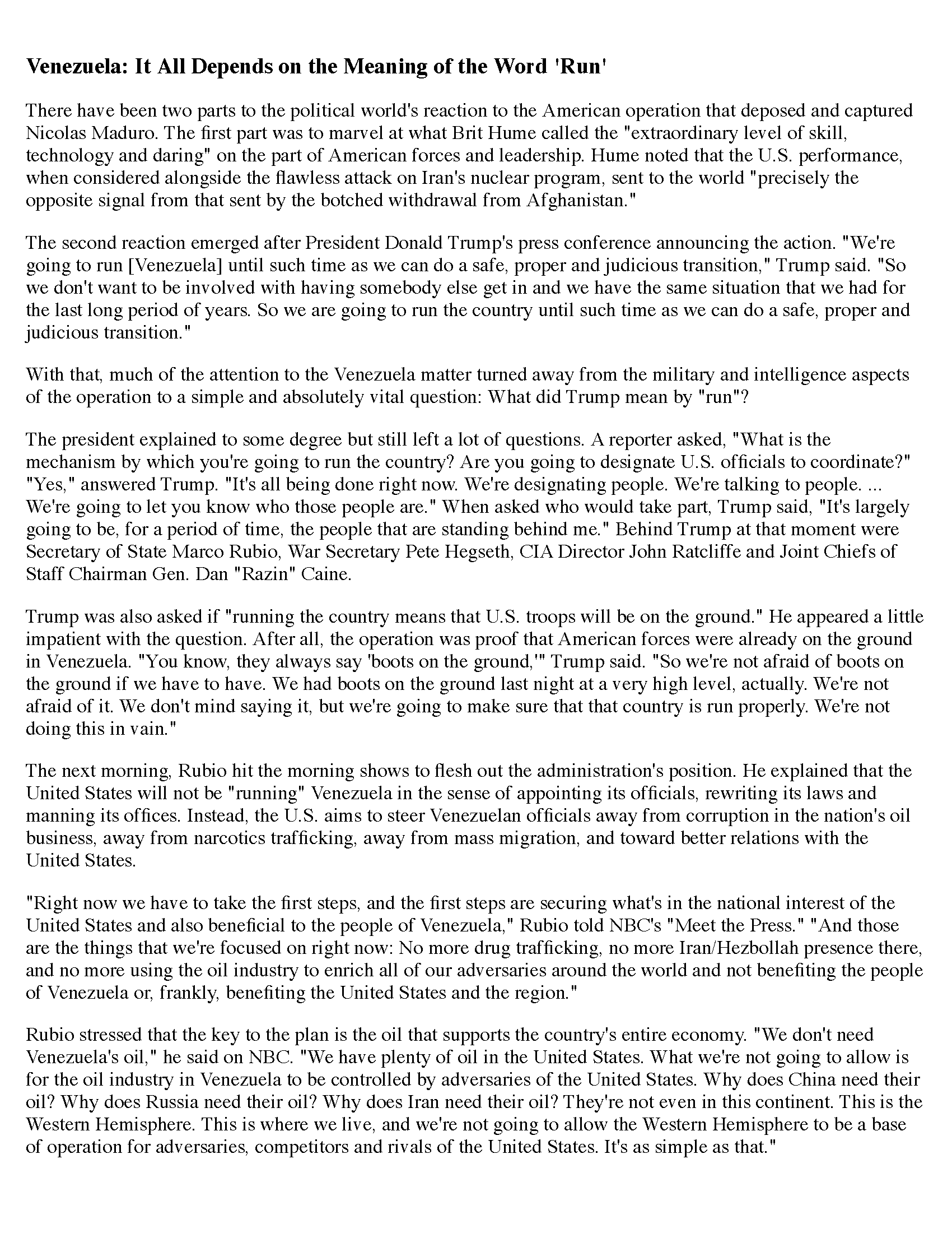 Alt text: Article discussing the U.S. response to Venezuela's political situation, highlighting President Trump's comments on military involvement and the importance of managing Venezuela's oil industry while preventing adversaries from gaining control.