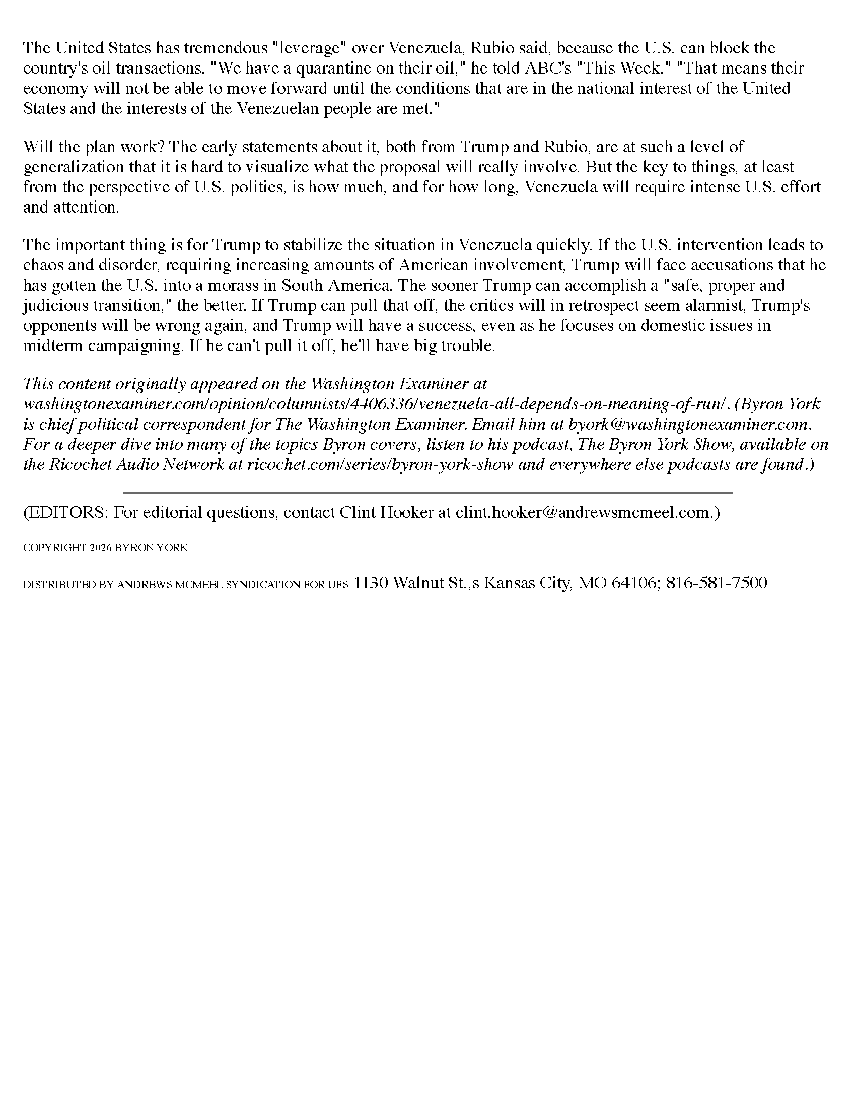 Alt text: Article discussing U.S. political strategies regarding Venezuela, emphasizing the importance of swift intervention and its implications for American involvement in South America. Features commentary from political figures on leveraging oil sanctions and the potential consequences for upcoming elections.