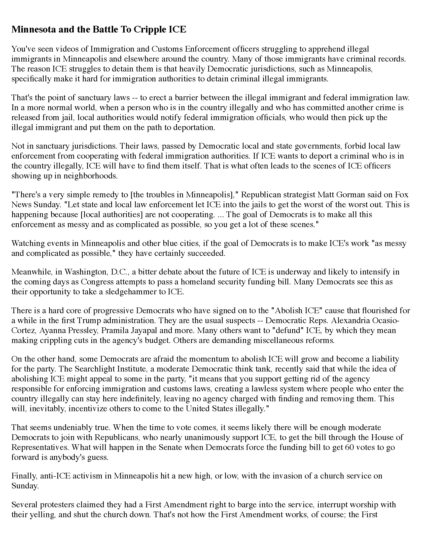 Alt text: Article discussing the challenges faced by Immigration and Customs Enforcement (ICE) in Minneapolis, highlighting the impact of sanctuary laws, local government policies, and recent anti-ICE protests at a church service.