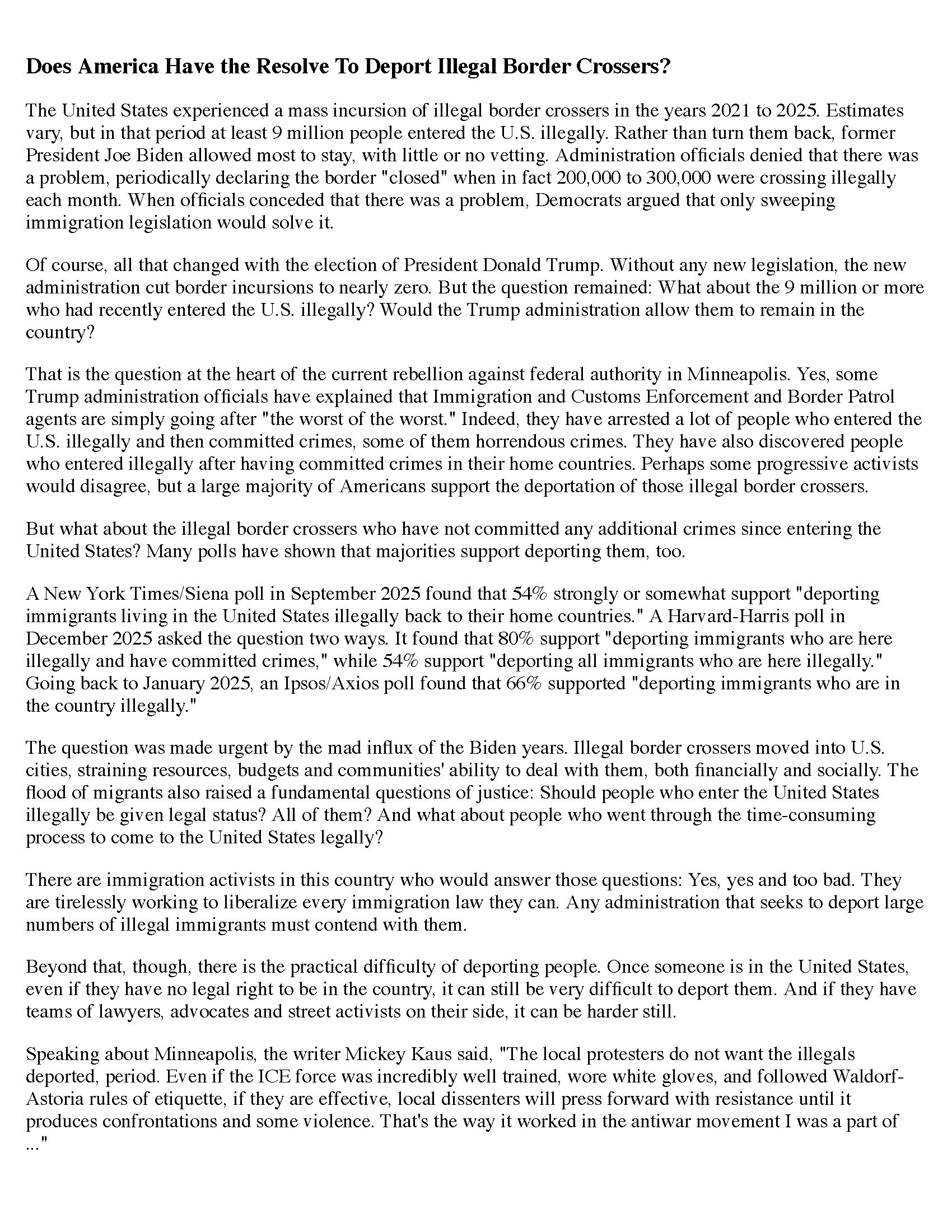 Image depicting an article discussing the challenges and public opinions surrounding the deportation of illegal border crossers in the U.S. from 2021 to 2025. The text highlights statistics on illegal immigration, political responses, and public sentiment regarding deportation policies.