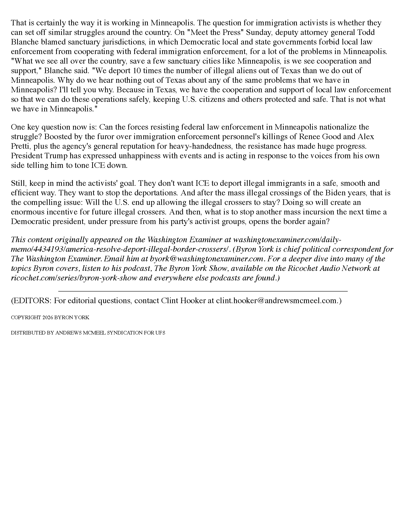 Image of a news article discussing immigration enforcement challenges in Minneapolis. The article highlights comments from Deputy Attorney General Todd Blanche regarding sanctuary cities and the cooperation between local law enforcement and federal immigration authorities. It addresses the ongoing debate about illegal immigration and local versus federal enforcement policies.