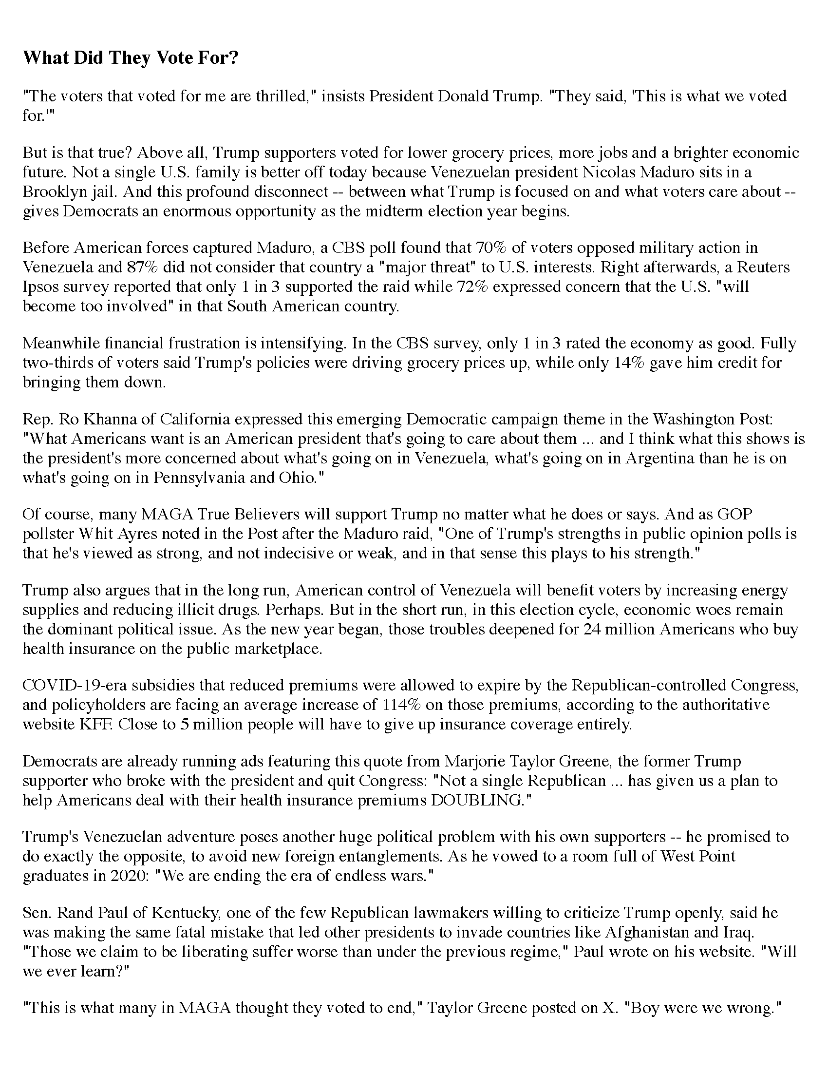 Alt text: Article discussing the disconnect between President Trump's focus on Venezuelan issues and the economic concerns of American voters, highlighting poll results on grocery prices, military action, and health insurance premiums. The piece features quotes from politicians and reflects on the implications for the upcoming midterm elections.