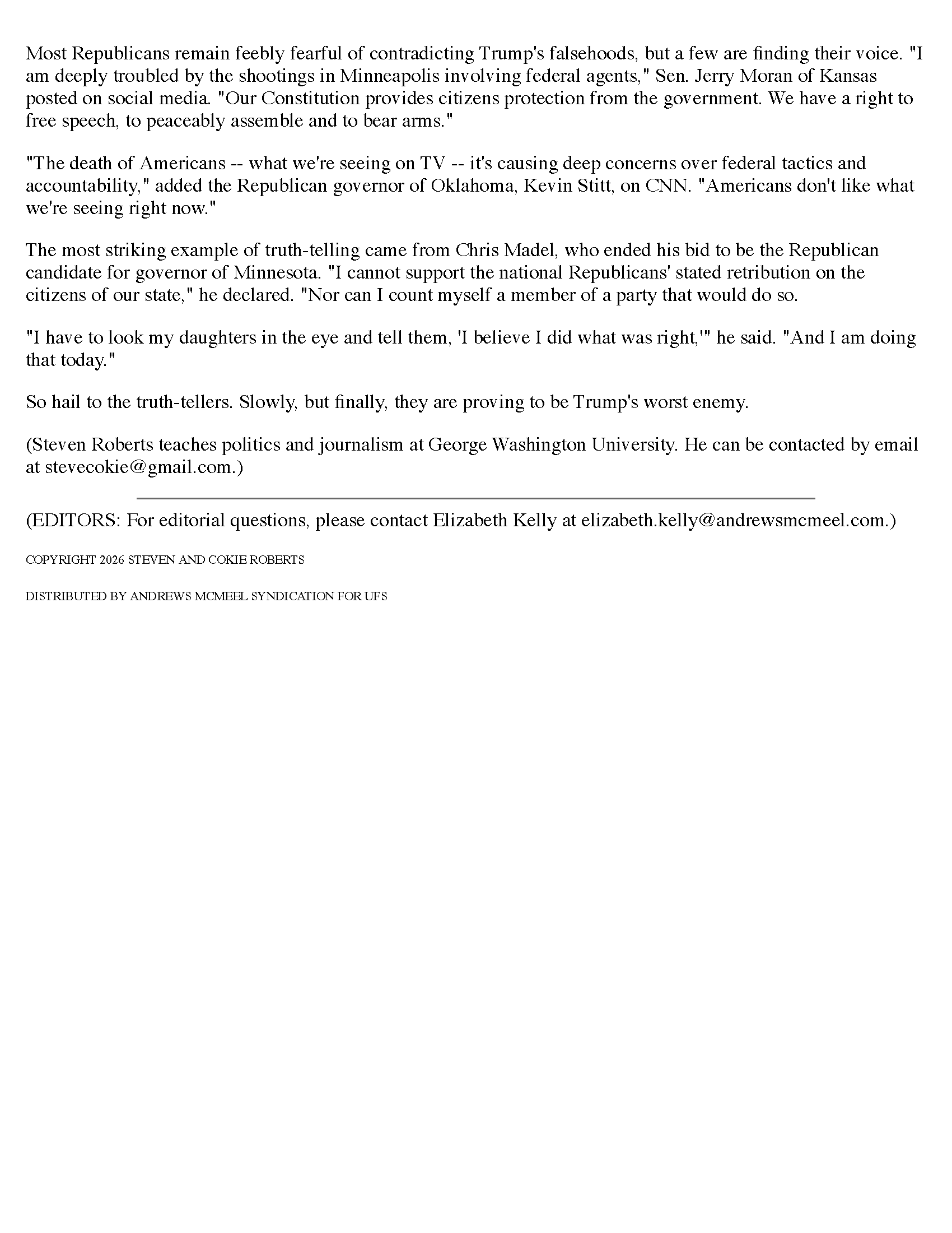 Image of a political commentary article discussing Republican responses to Trump's falsehoods, featuring quotes from various politicians expressing concerns about federal tactics and accountability. The article highlights the growing dissent among Republicans and their struggle to confront misinformation.
