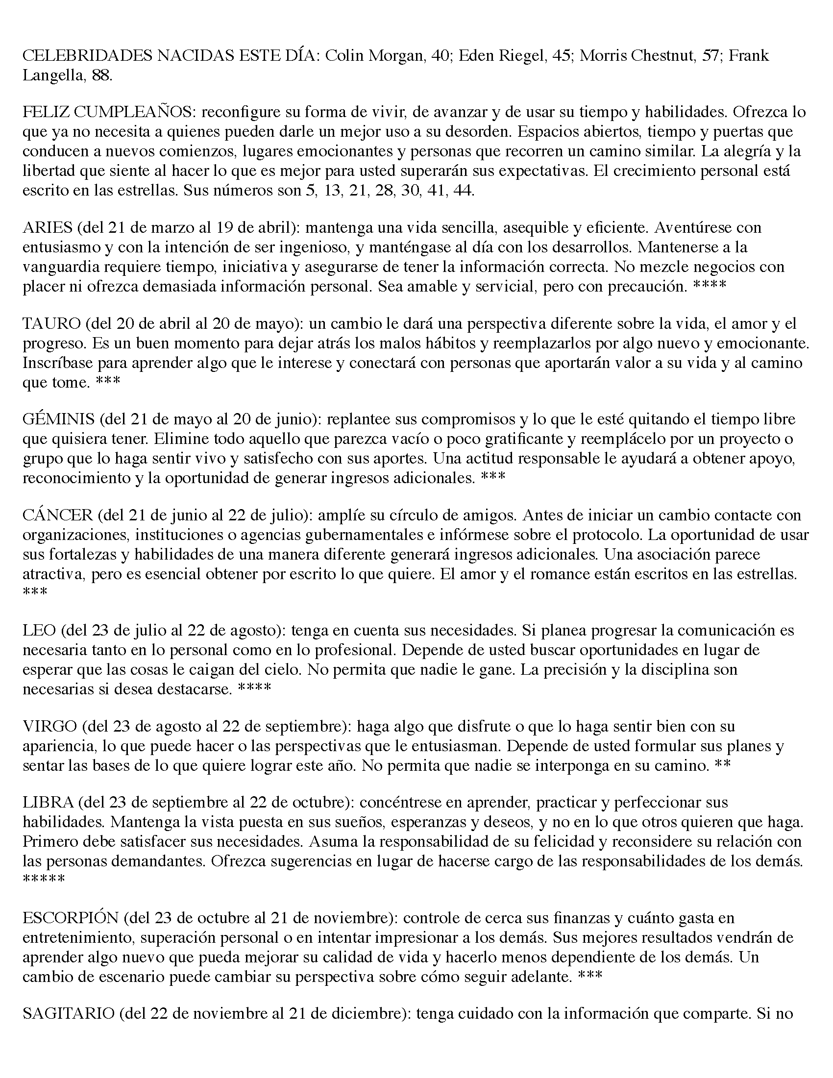 Alt text: A colorful horoscope chart detailing astrological signs, birthday wishes for celebrities, and personal growth advice for each zodiac sign, presented in Spanish. The text includes specific dates for each sign and offers insights into career, relationships, and personal development.