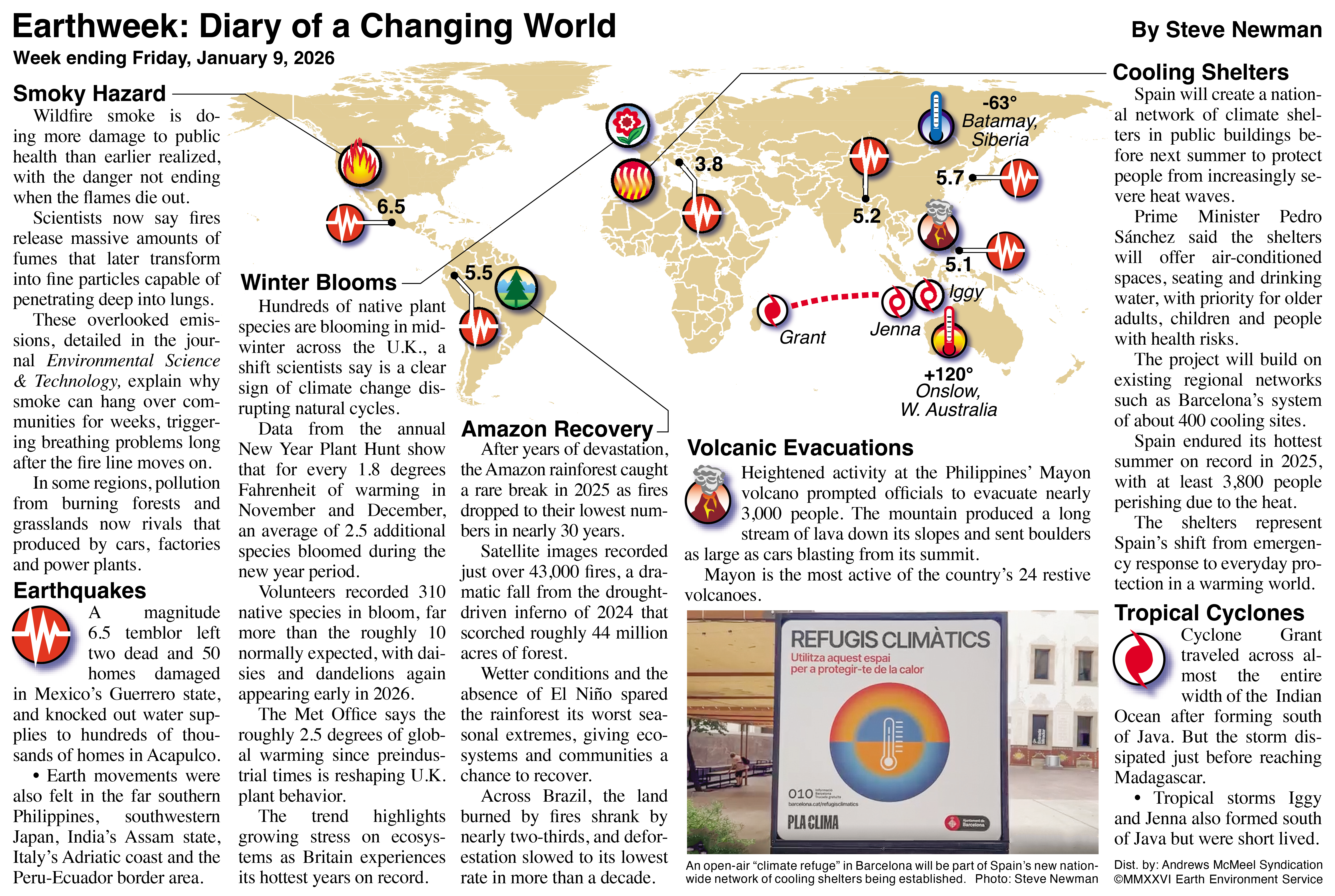 World map depicting various climate refuge locations with icons representing temperature, earthquakes, and fire hazards. The image also features a sign in Catalan promoting climate refuge spaces for heat protection.