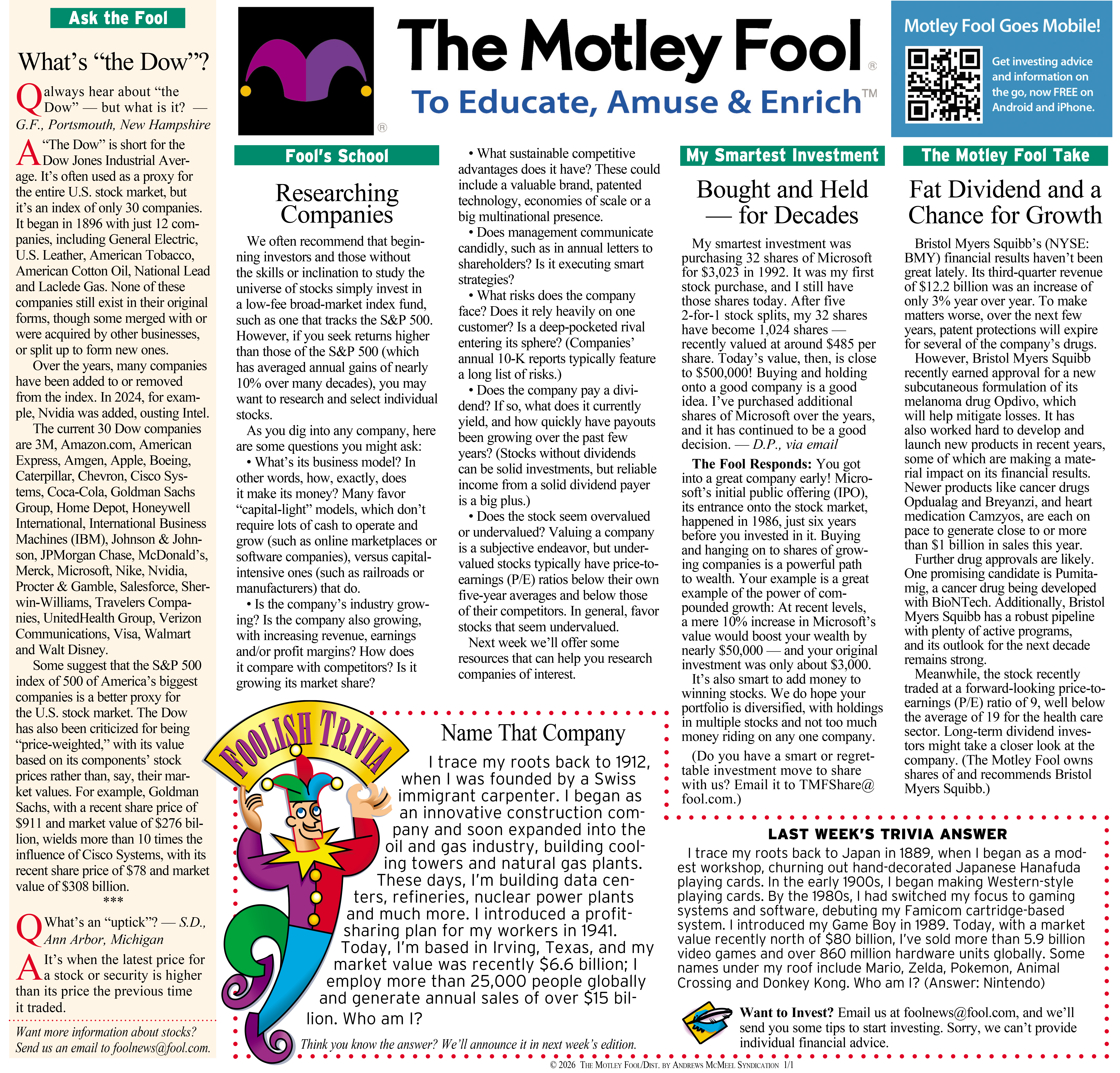 Informative infographic from The Motley Fool explaining the Dow Jones Industrial Average, its history, and notable companies included in the index as of 2024. It also addresses common questions about stock market terms and offers insights into investment strategies.